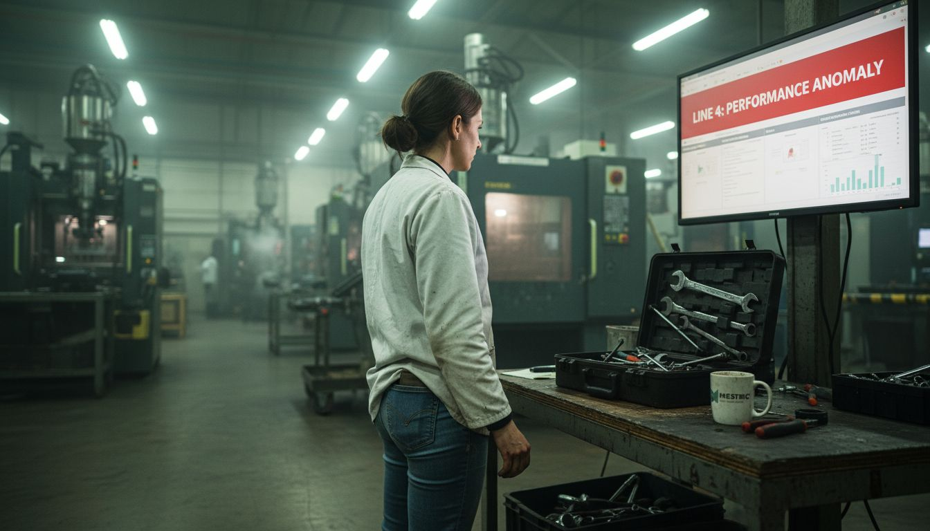 Technician reviewing live production dashboard