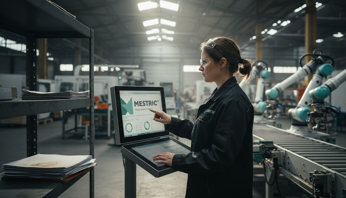 Technician using MES interface on factory floor