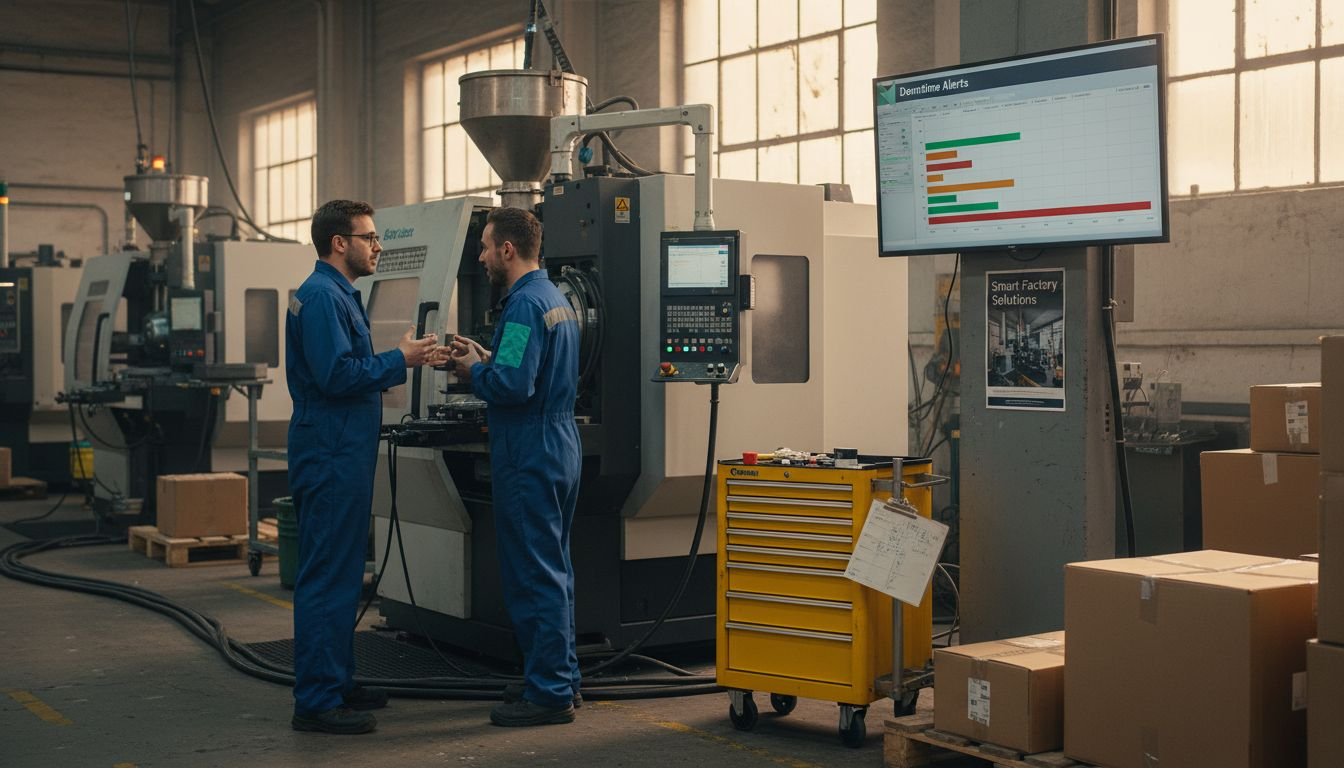 Technicians adjust machinery on adaptive factory floor