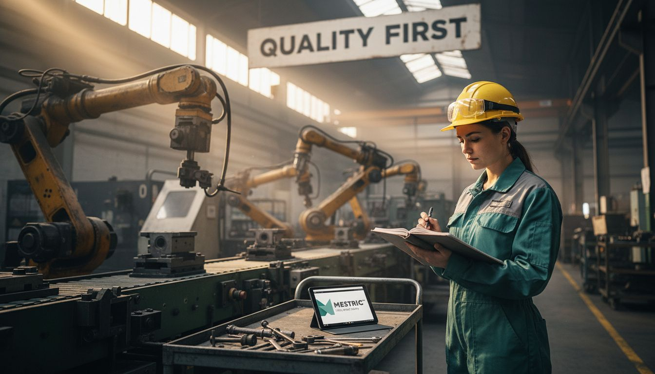 Engineer reviewing logbook in assembly line area