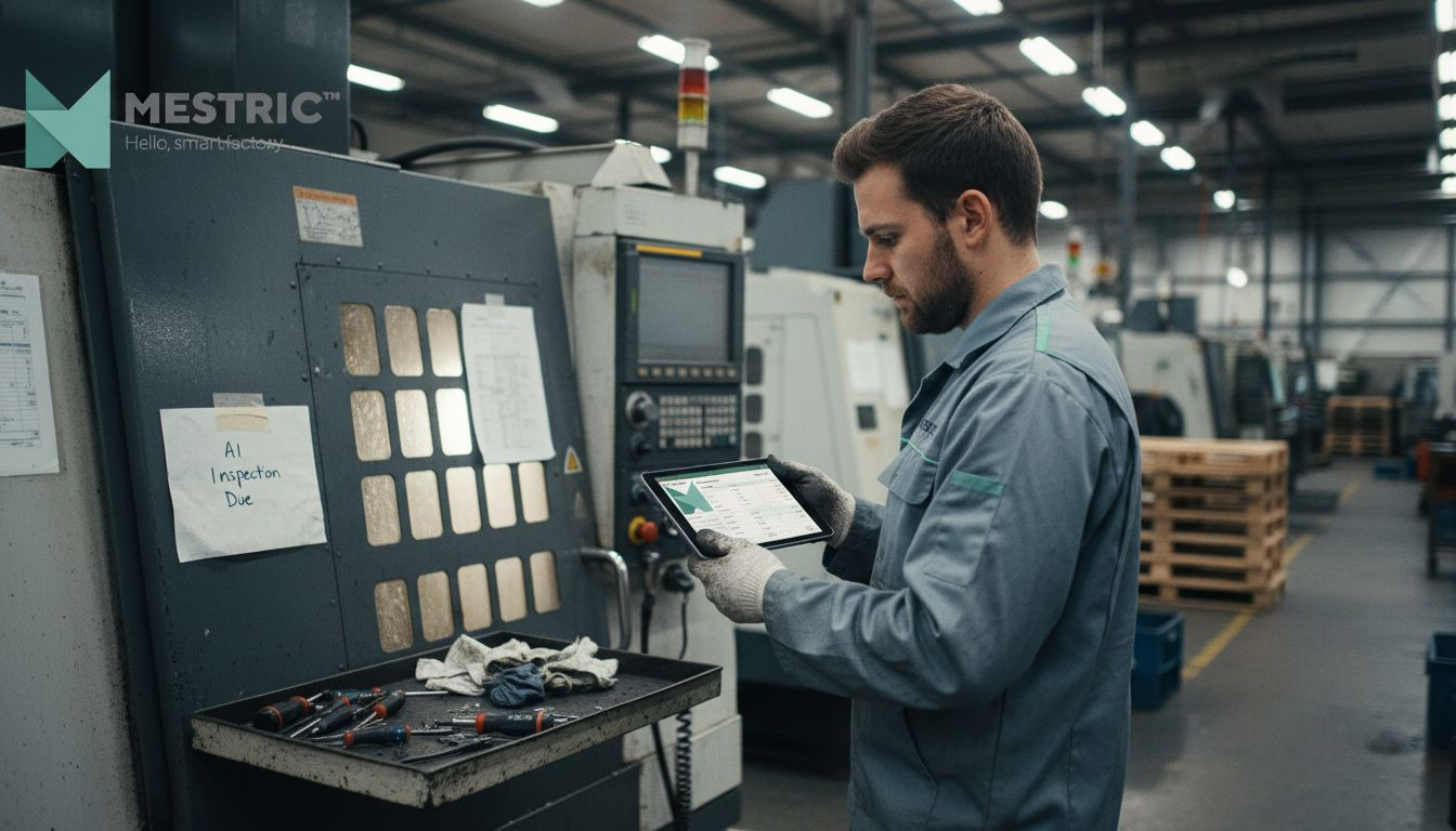 Technician checks AI sensor on factory machine