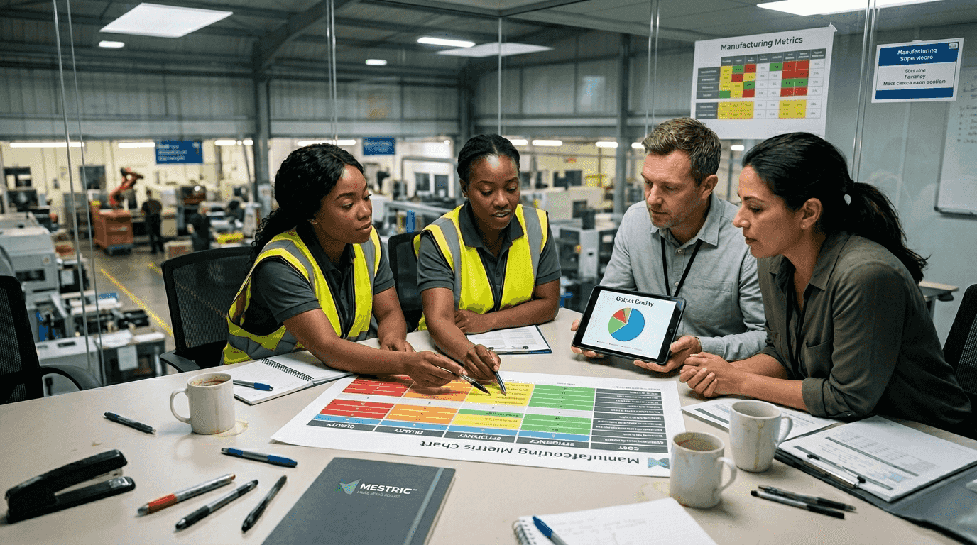 Supervisors review manufacturing metric printouts