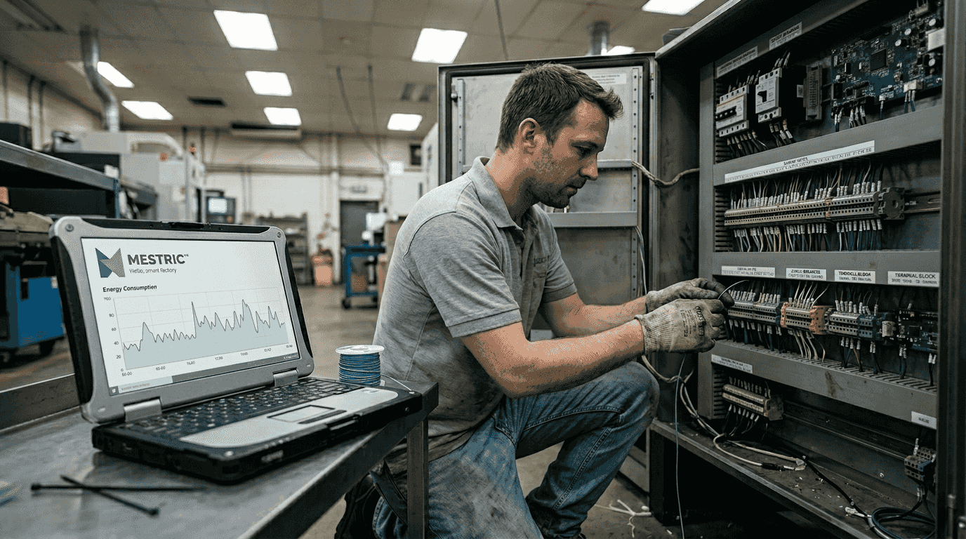 Technician installs IoT sensors in cabinet