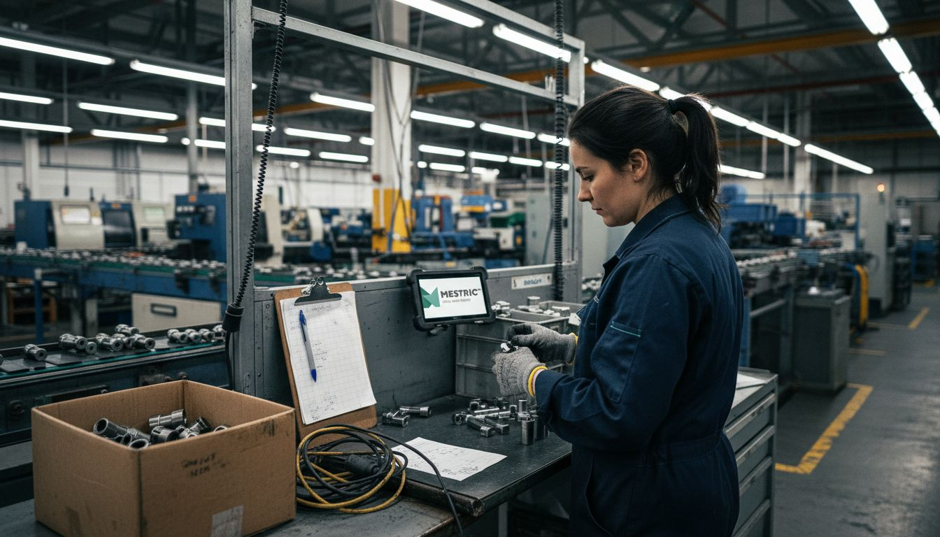 Operator at manufacturing workstation reviewing parts