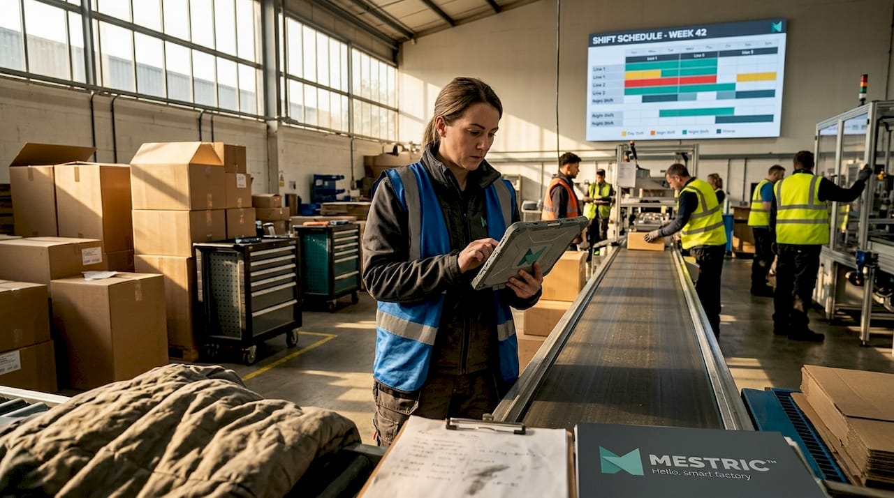 Manager updating scheduling on factory floor