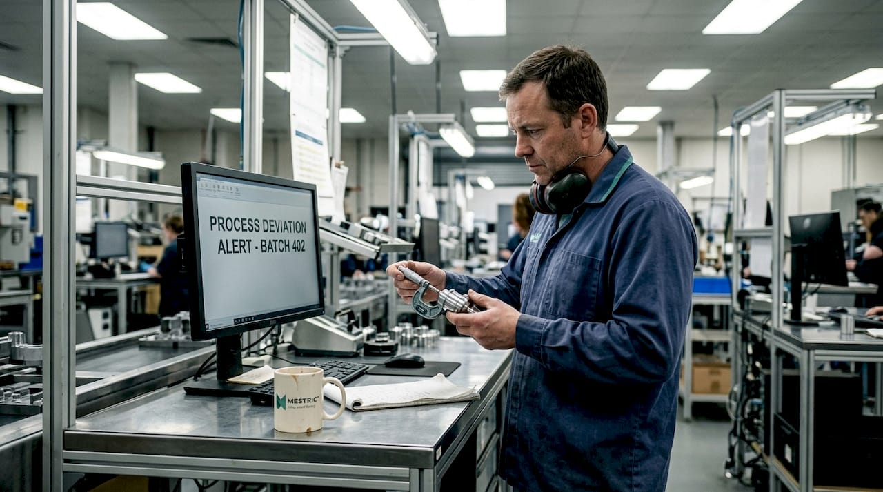 Technician reviews MES alert for defects