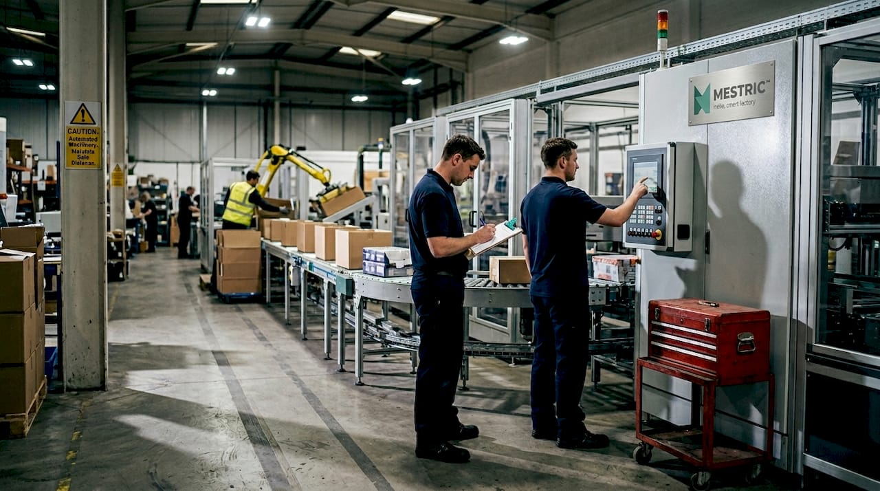 Workers overseeing automated assembly line production