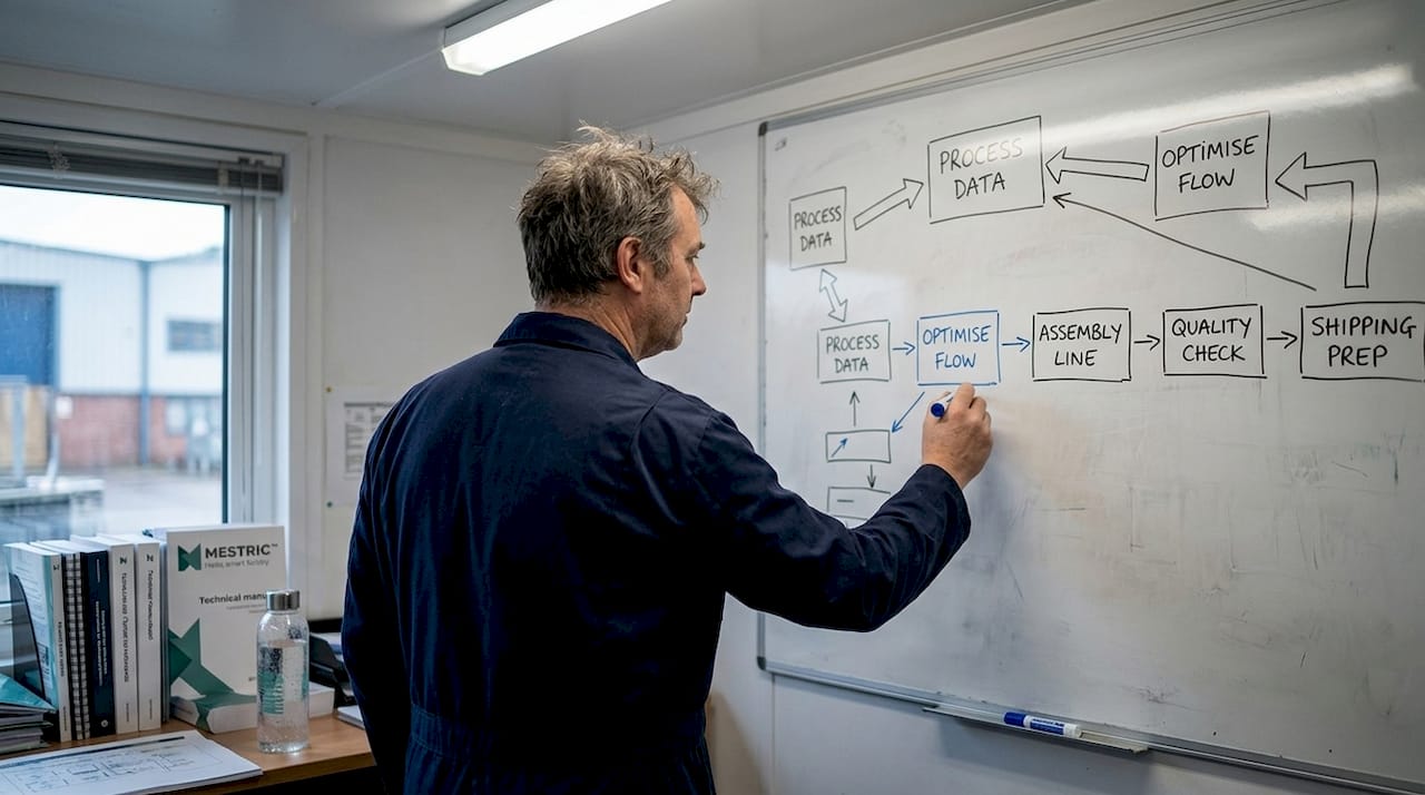Engineer sketches process map on whiteboard