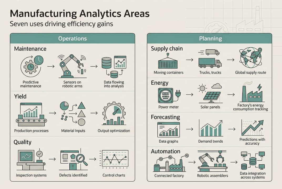 Infographic with seven manufacturing analytics areas