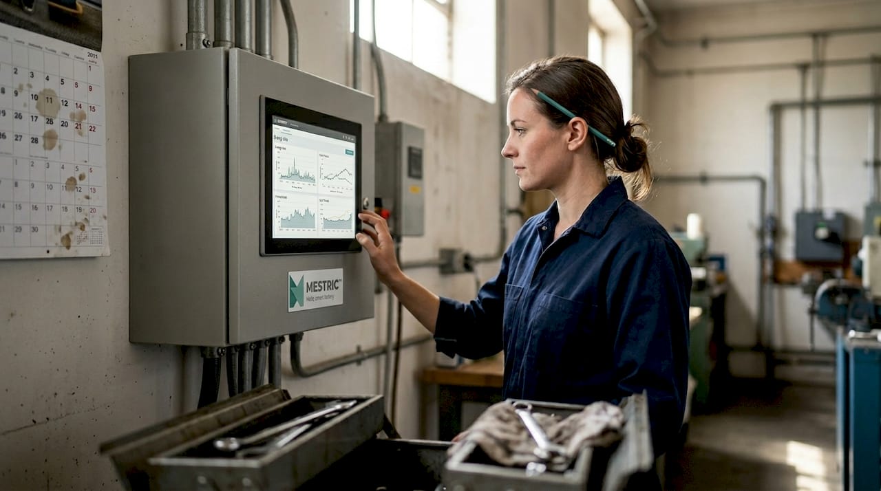 Technician checking factory energy dashboard