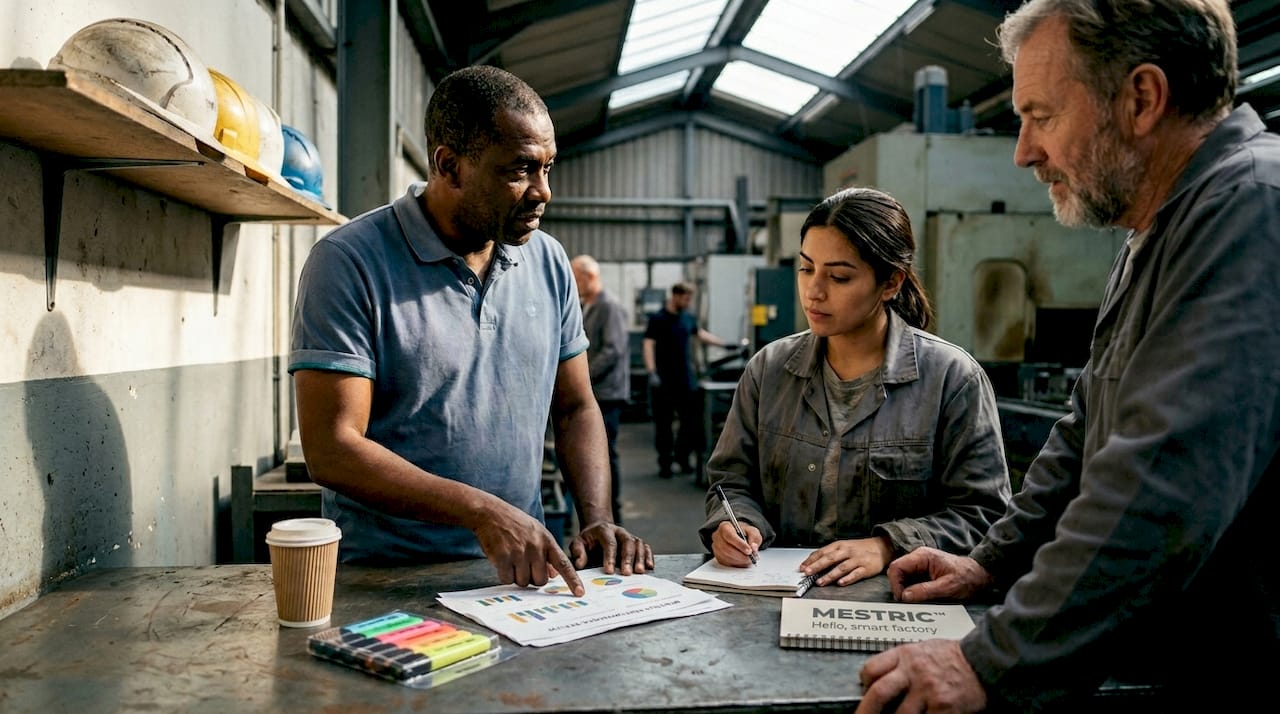 Manufacturing team reviewing KPI charts together