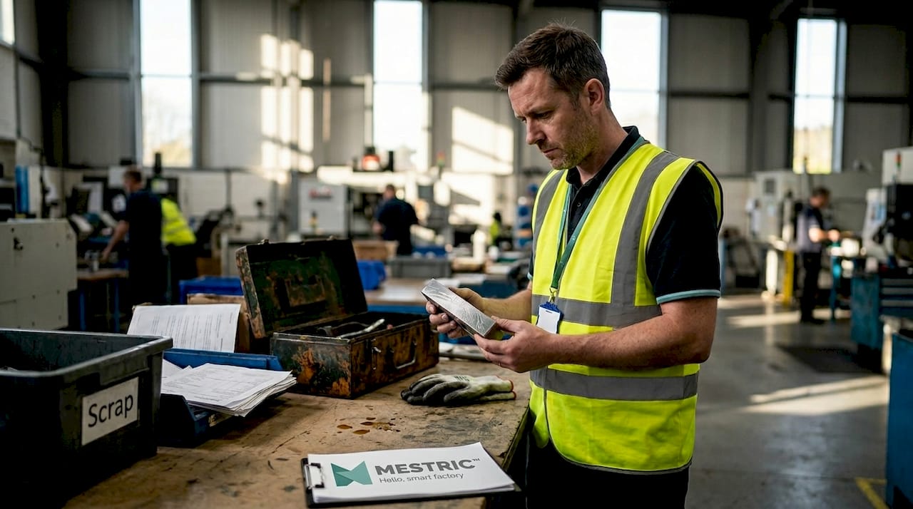 Technician reviews scrap metal part for defects