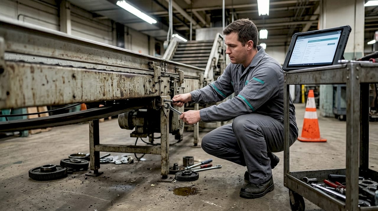 Technician performs predictive machine maintenance tasks