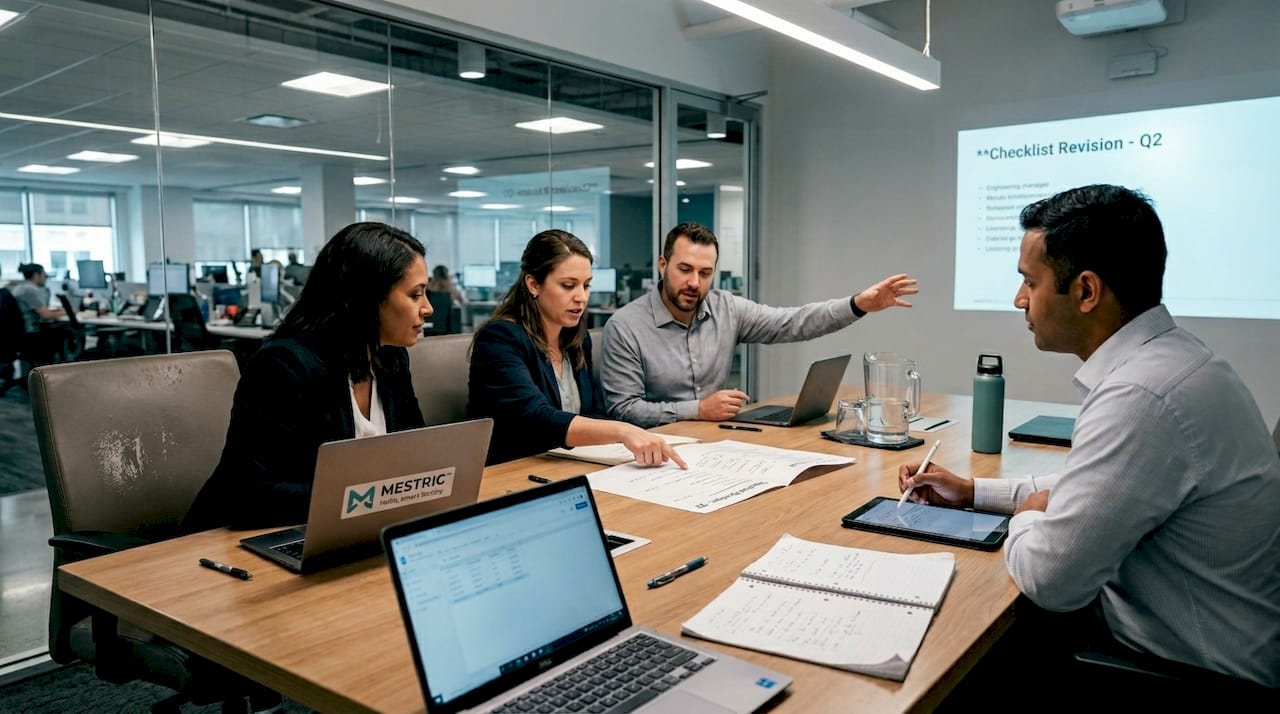 Team updating manufacturing checklist together