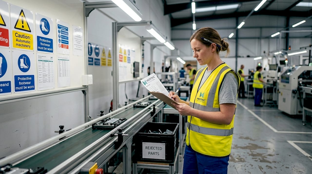 Quality technician reviewing checklist by conveyor