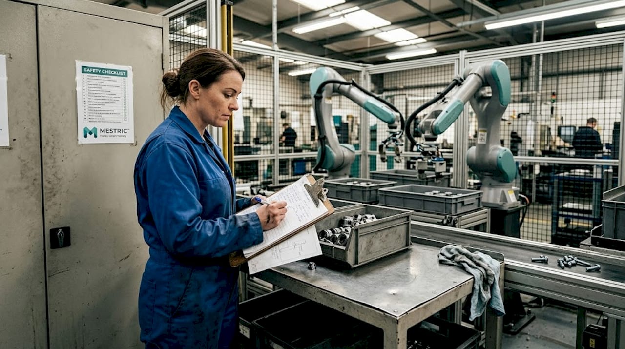 Technician inspects parts near robotics cell