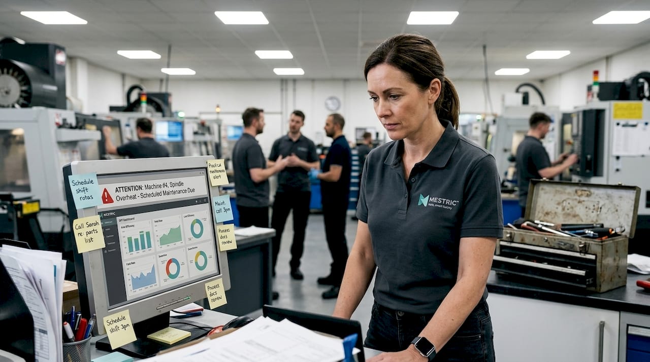 Manager viewing factory data alert on screen