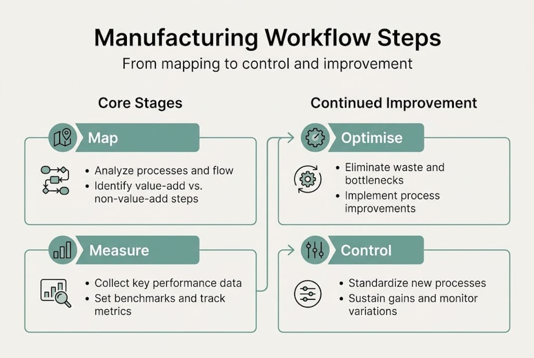 Infographic visualizing main manufacturing workflow steps
