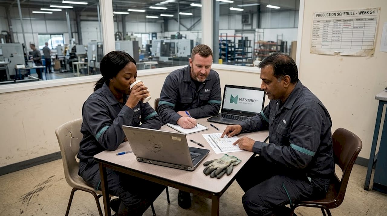 Manufacturing team reviews production schedule