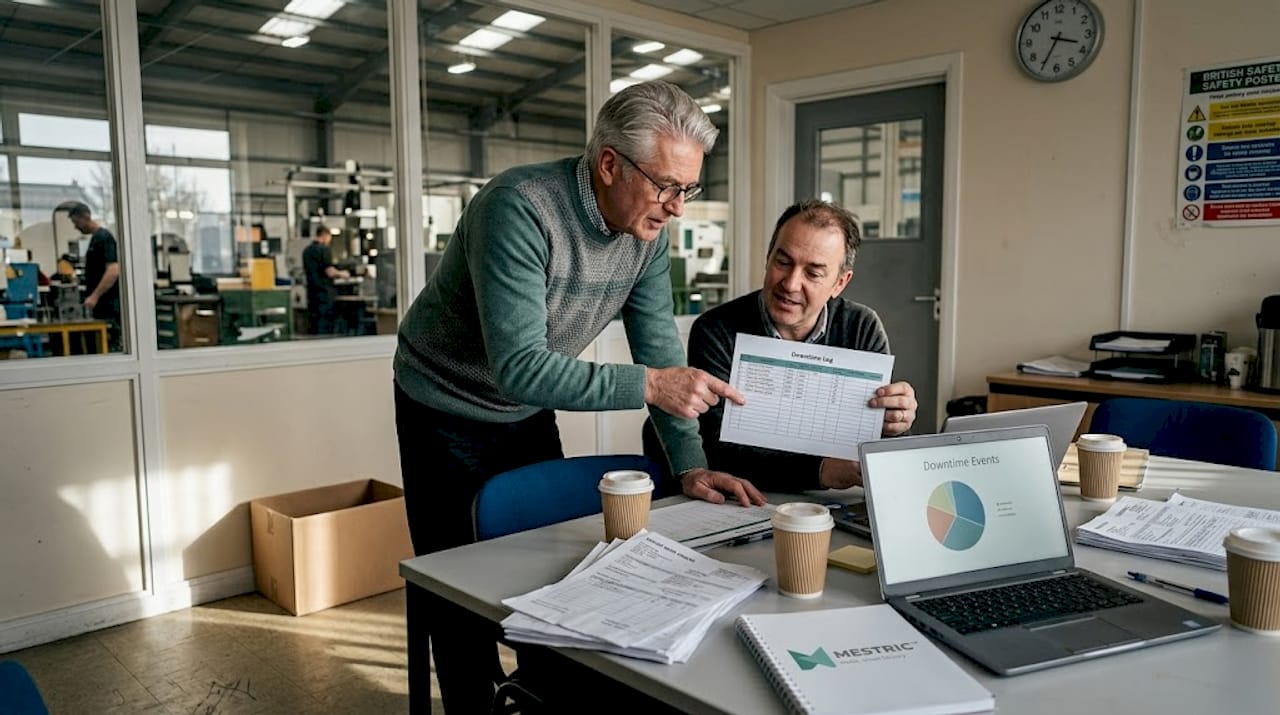 Managers reviewing downtime reports at table