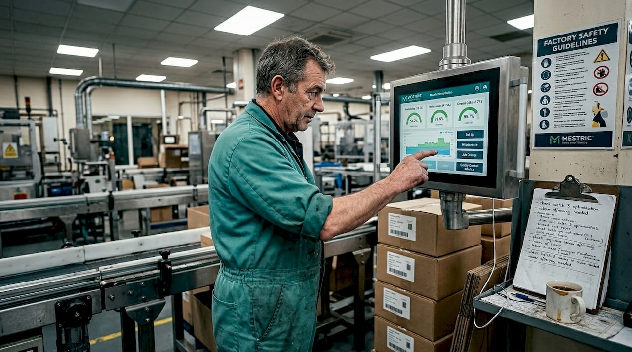 Machine operator checks digital dashboard panel