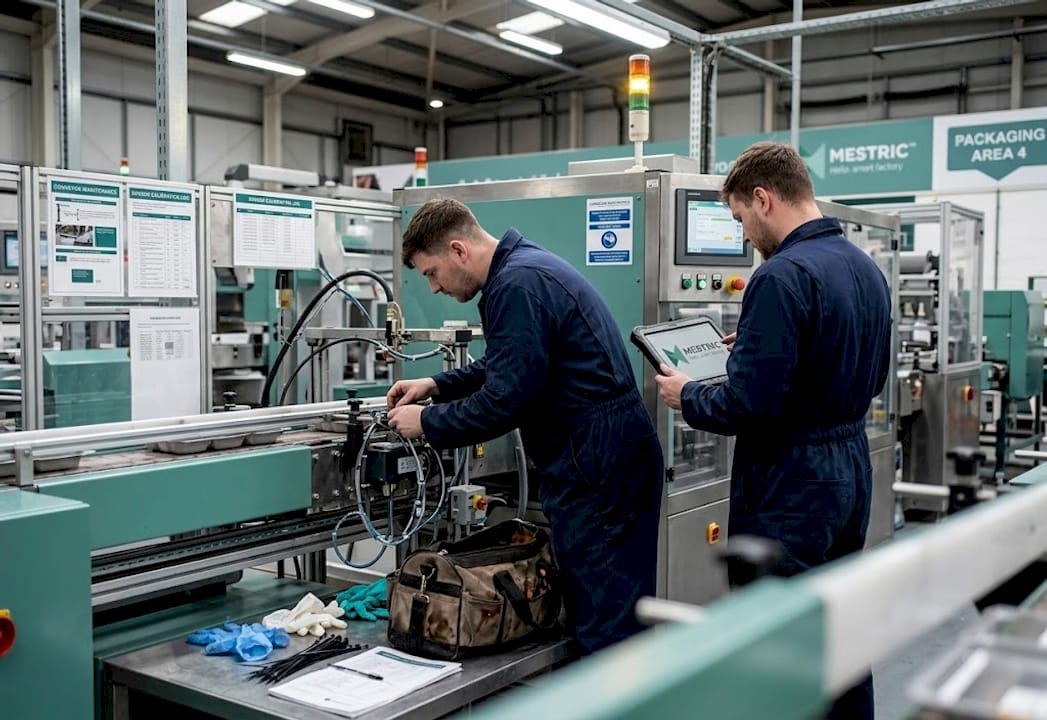Technicians repairing sensor on packaging line
