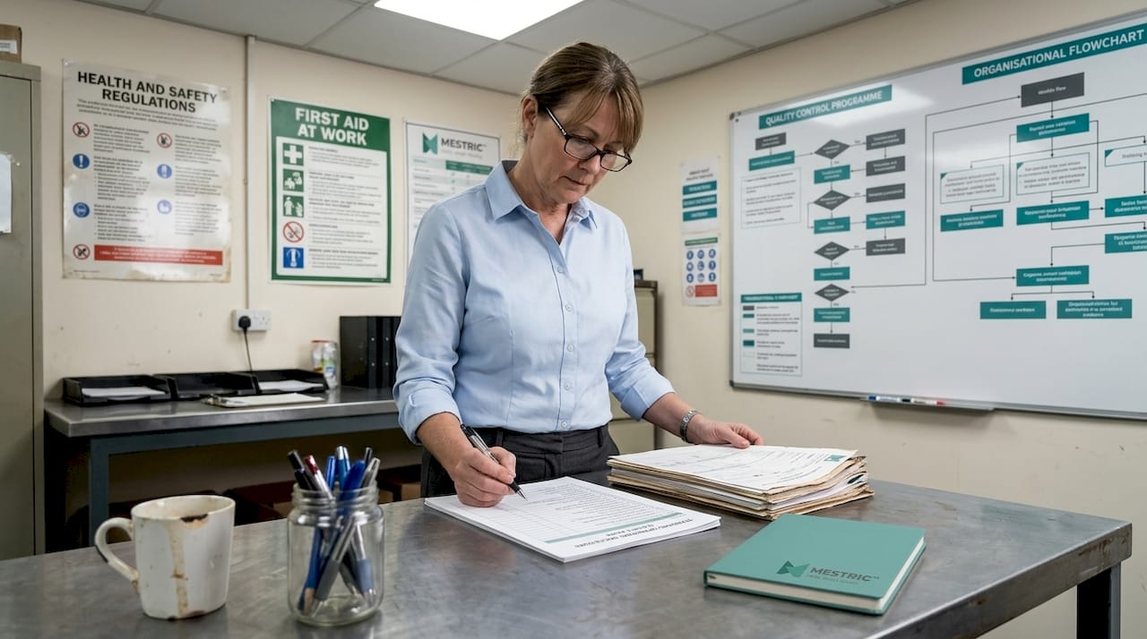 Quality manager reviews checklists at plant office table