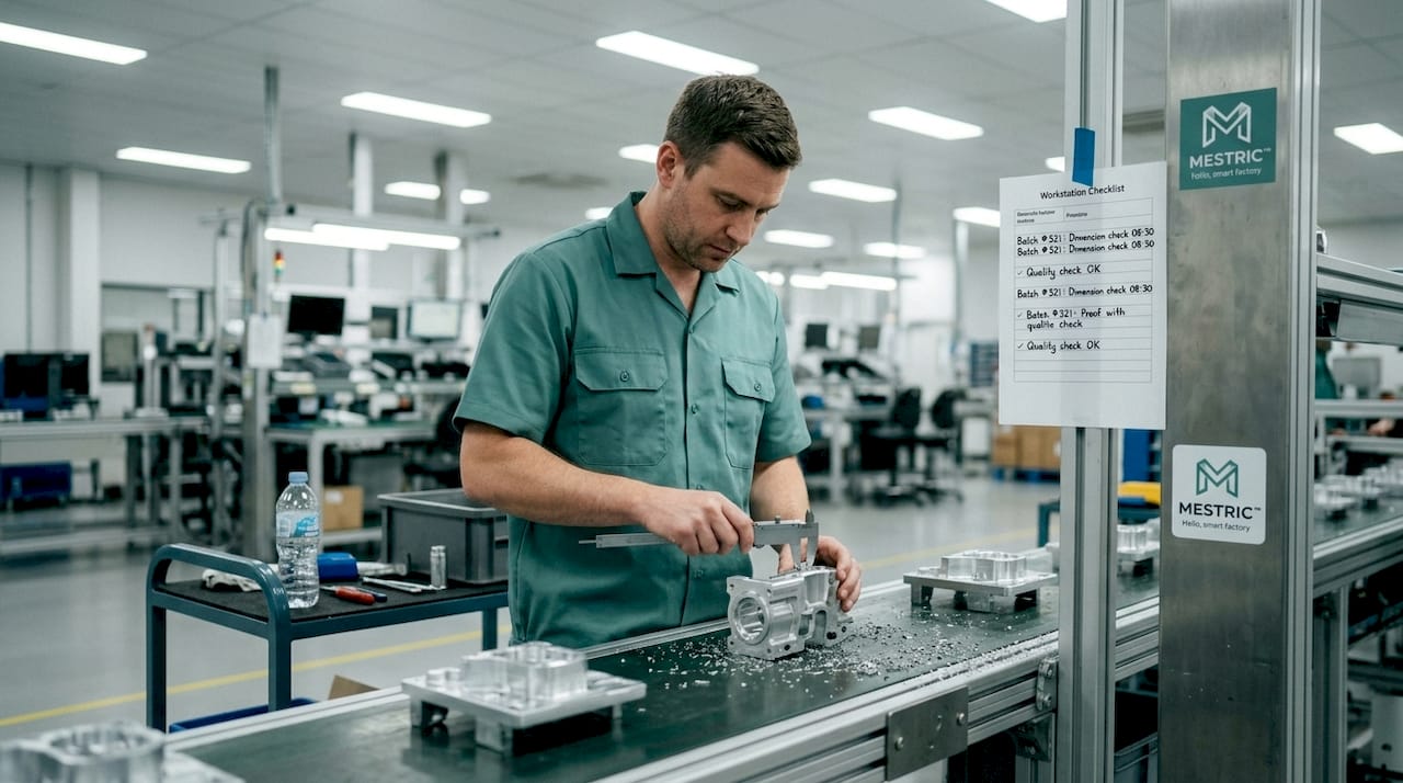 Worker checks quality on factory production line