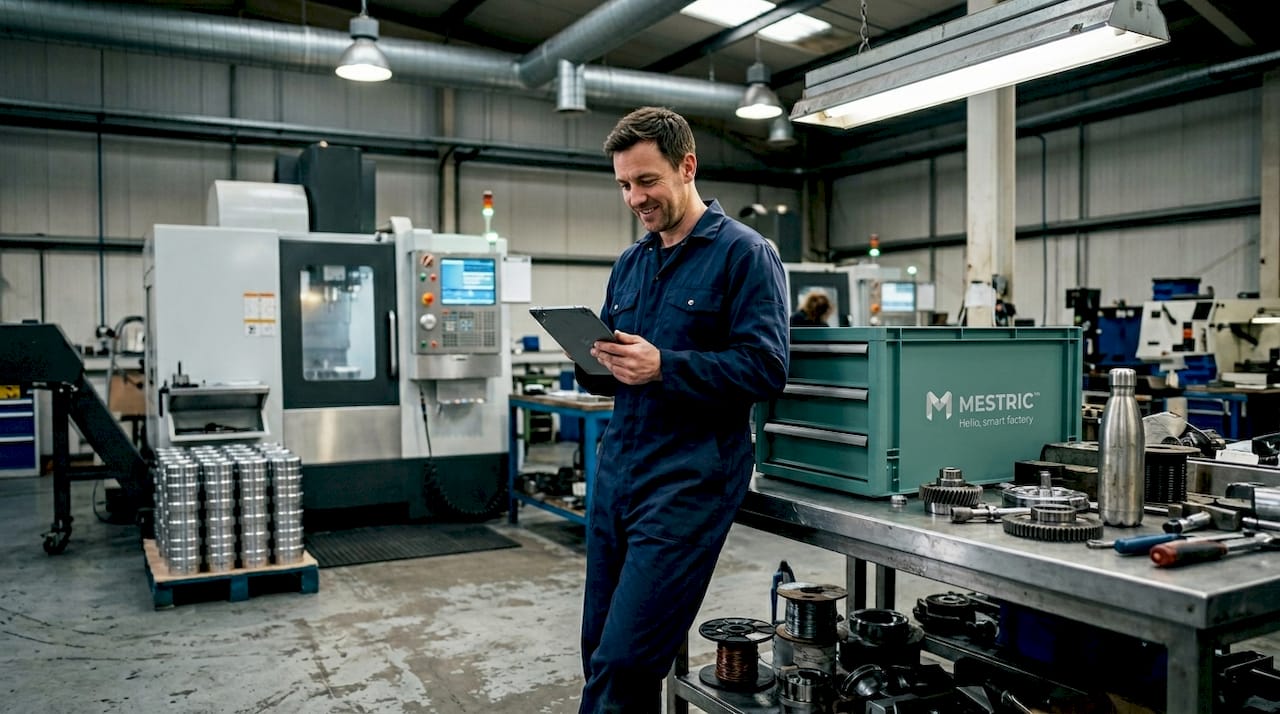Worker waits beside idle CNC machine