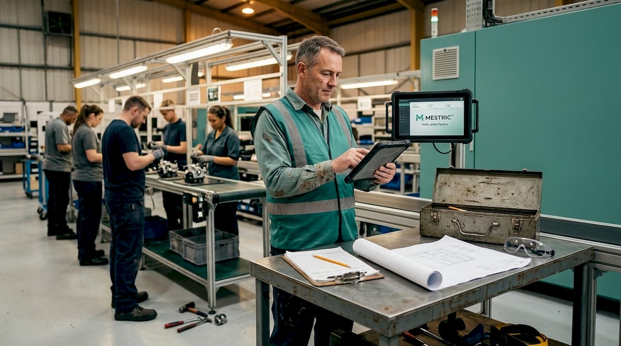 Supervisor uses tablet on manufacturing floor