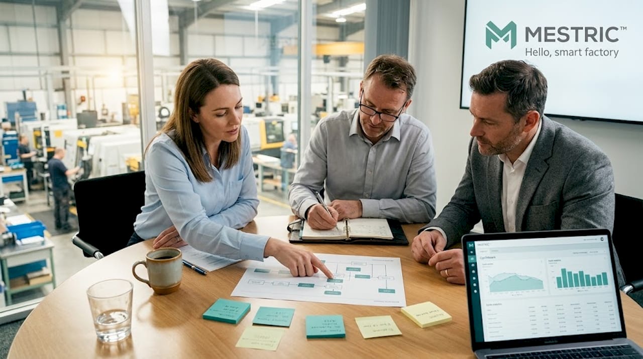 Production managers discussing cycle analytics