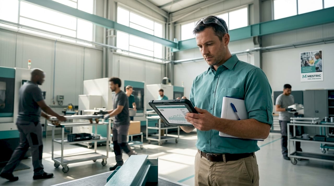 Factory manager tracking KPIs on tablet