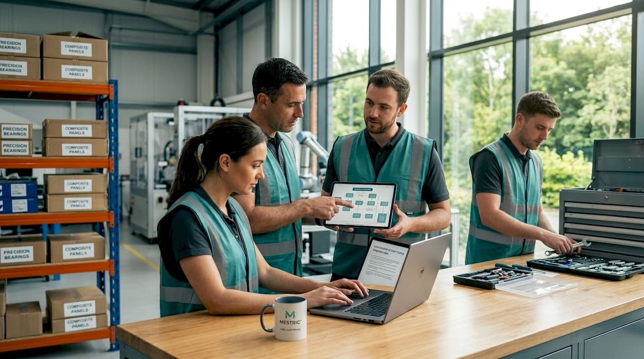 Engineers collaborating at manufacturing workstation