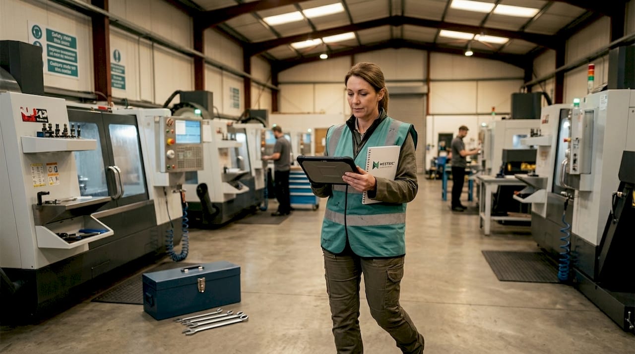 Supervisor checks tablet beside busy CNC machines
