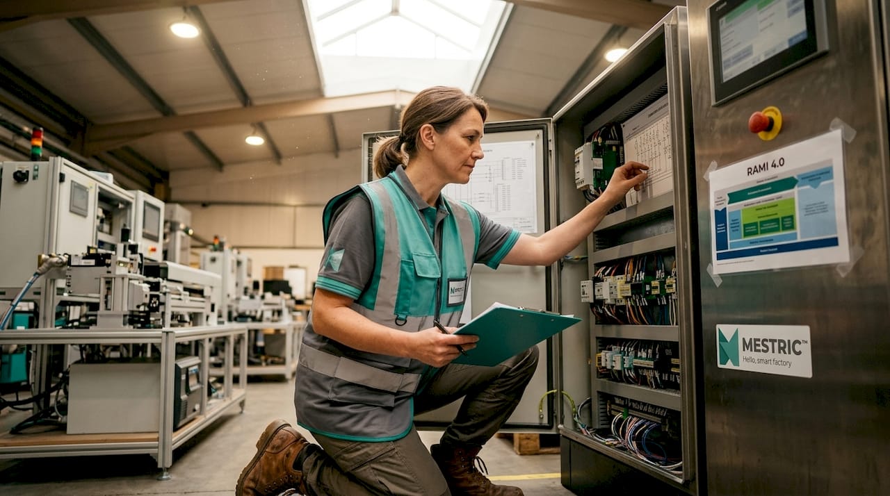Engineer referencing layered factory architecture panel