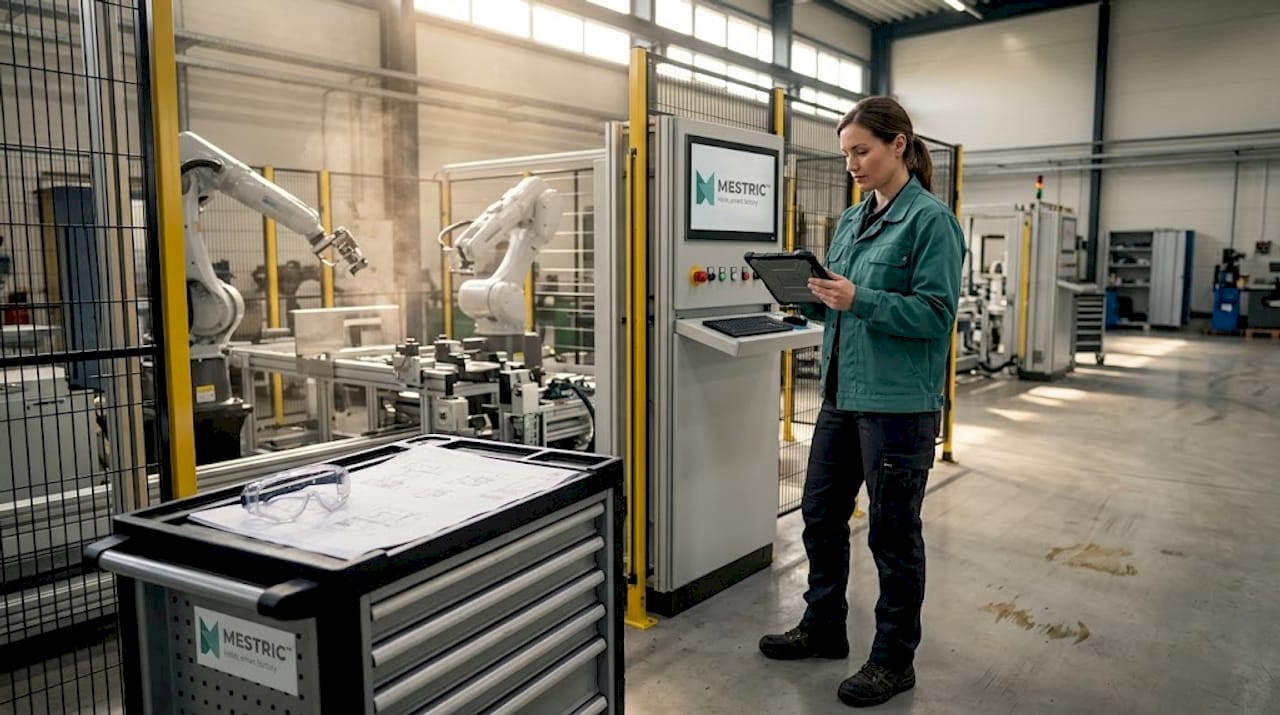 Engineer configuring robotic manufacturing equipment