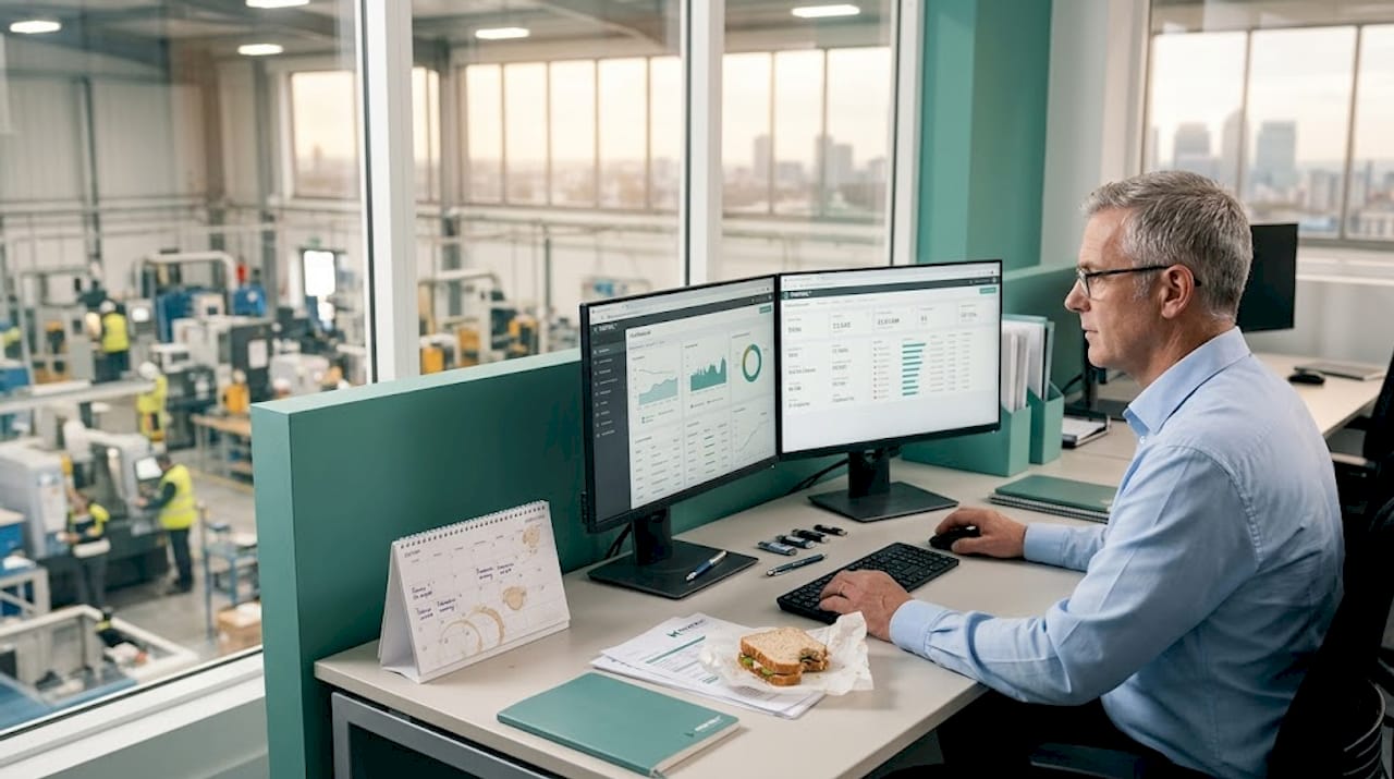 Engineer checks cloud dashboard in factory office