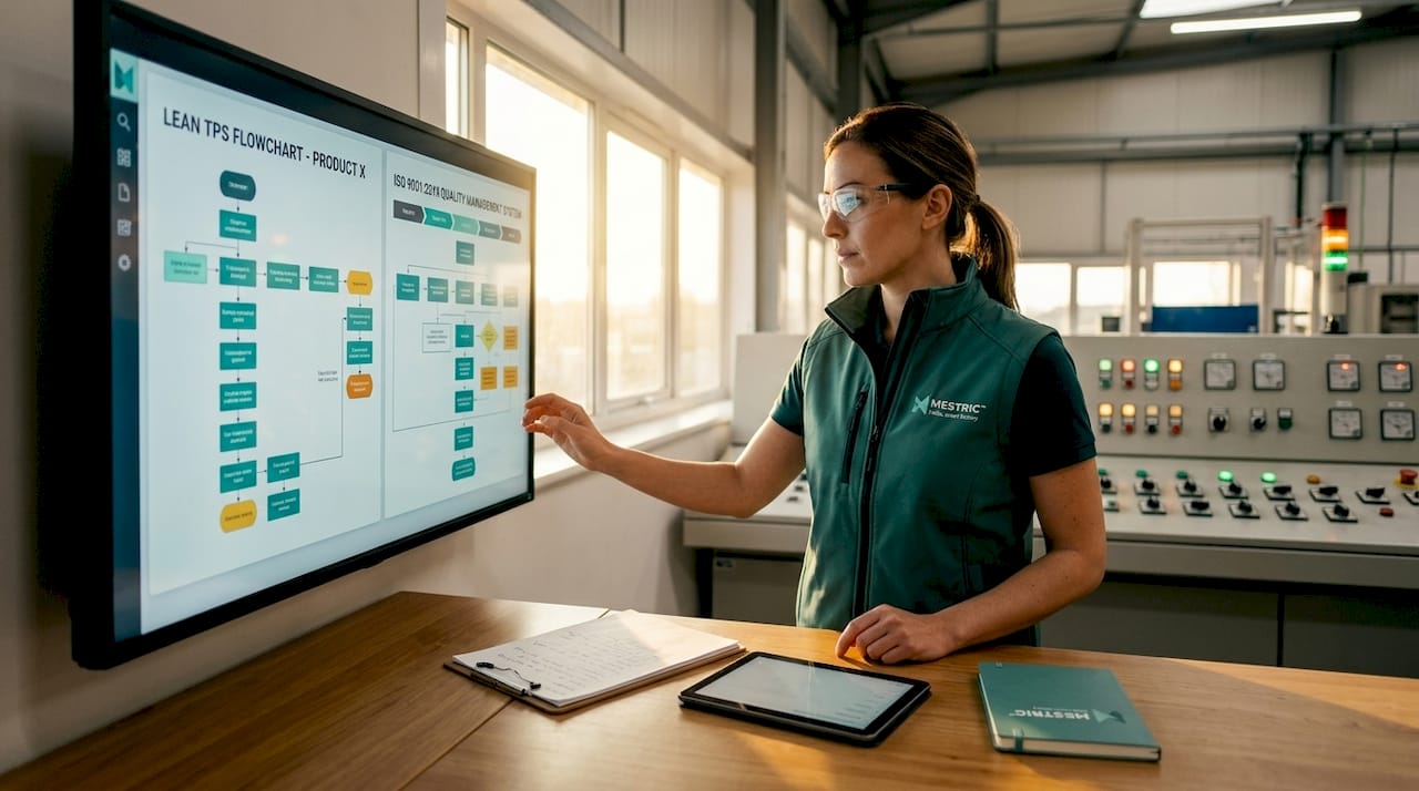 Engineer reviewing Lean TPS and ISO 9001 charts