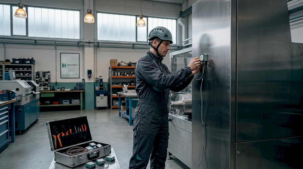 Technician installing industrial IoT sensor on machine