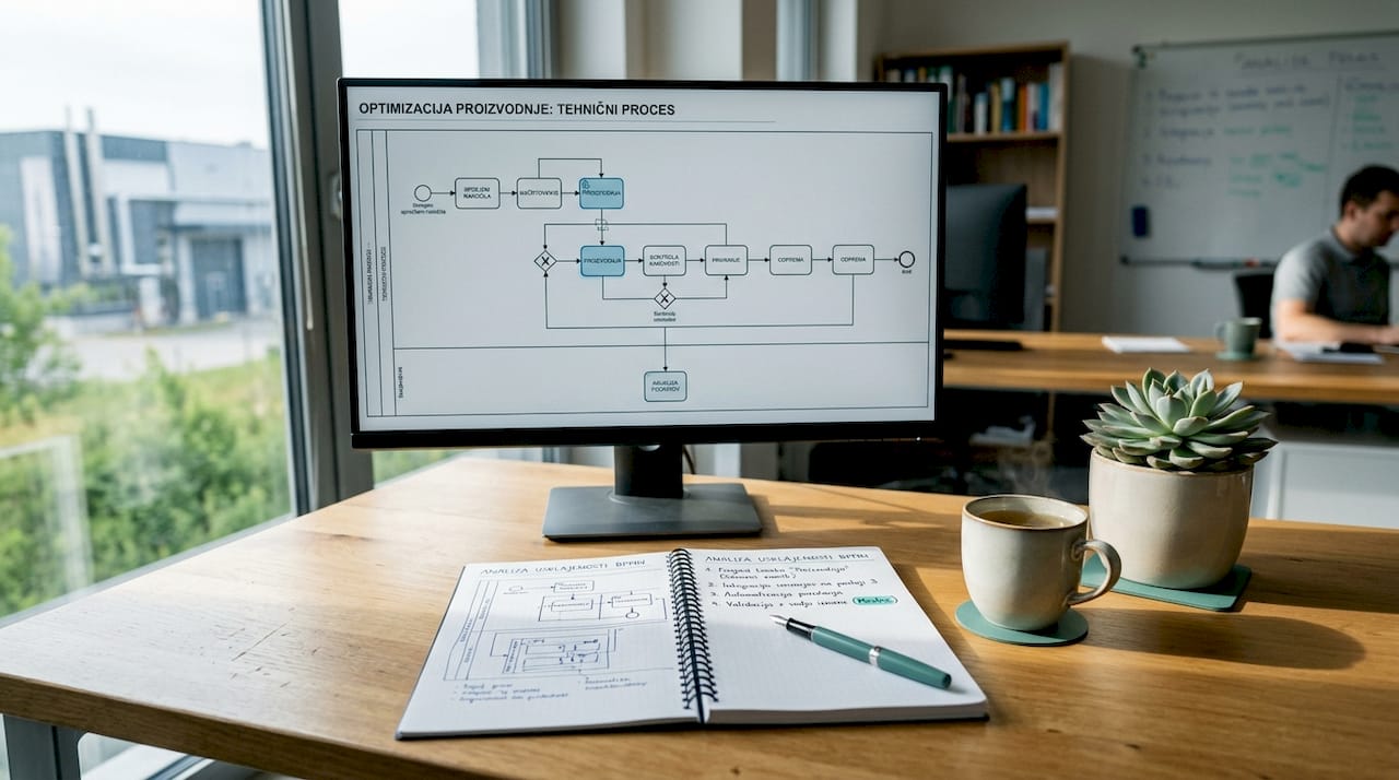 Delovna miza, na kateri so razgrnjeni BPMN diagrami in zapiski s tehničnimi rešitvami.