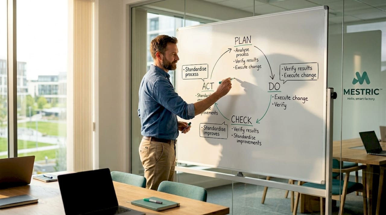Engineer drawing PDCA cycle diagram on whiteboard