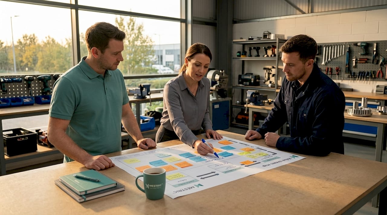 Team collaborating on value stream map in meeting