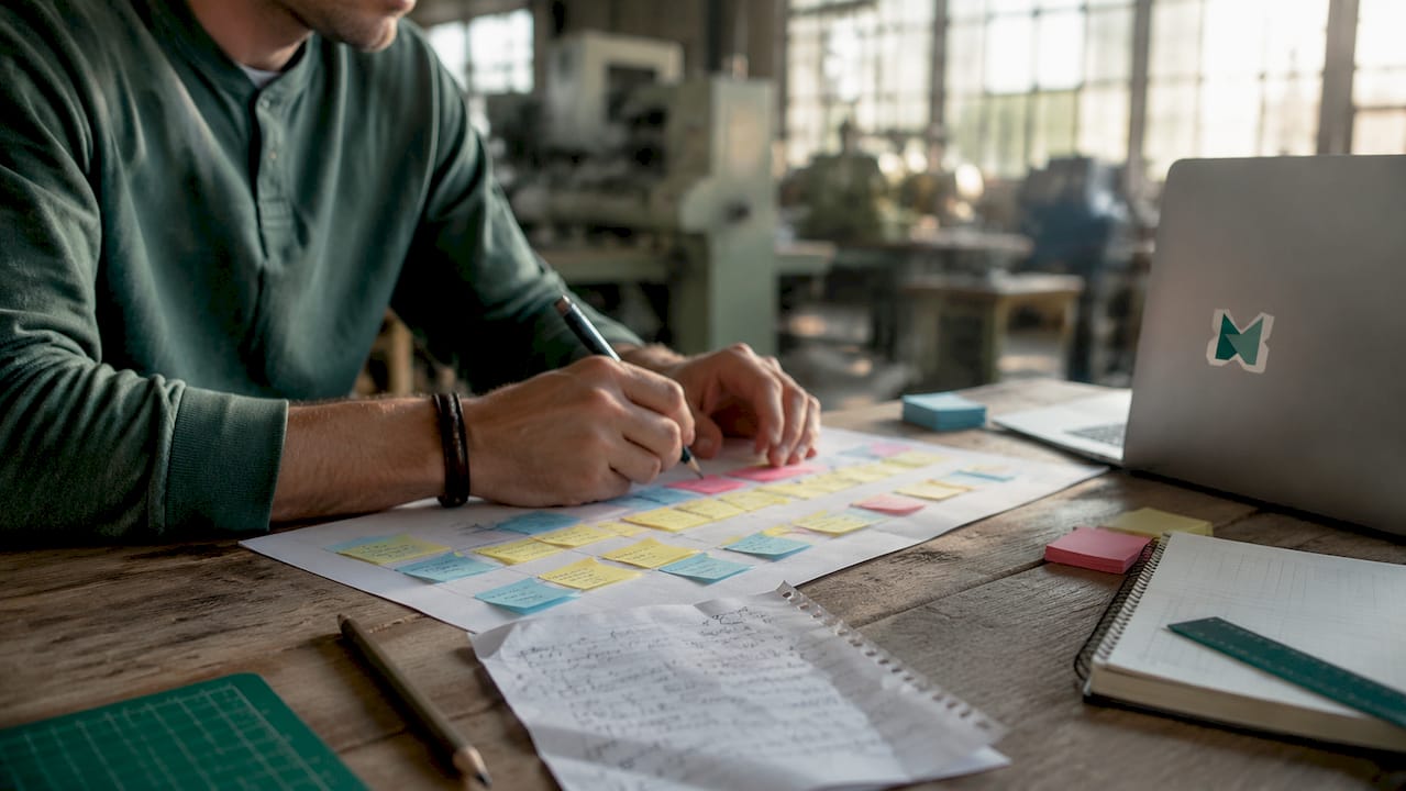 Engineer assembling detailed manufacturing production schedule