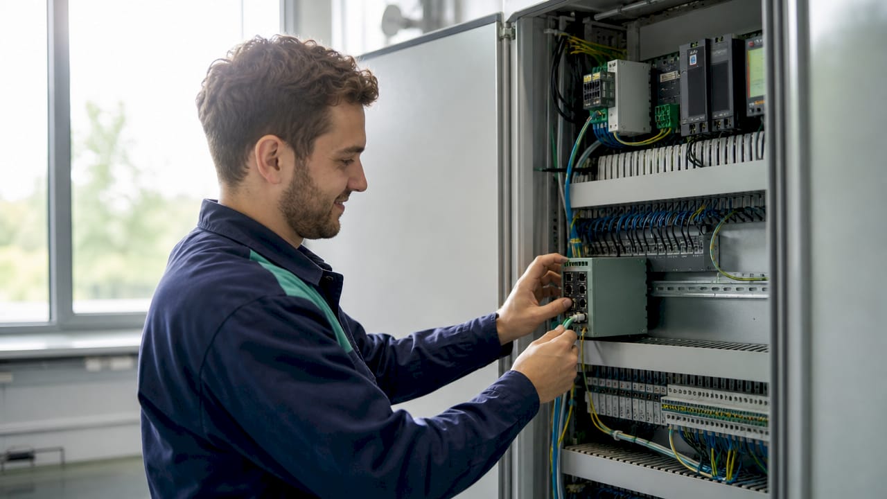 Serviser priključuje robni prehod v elektro omarici.