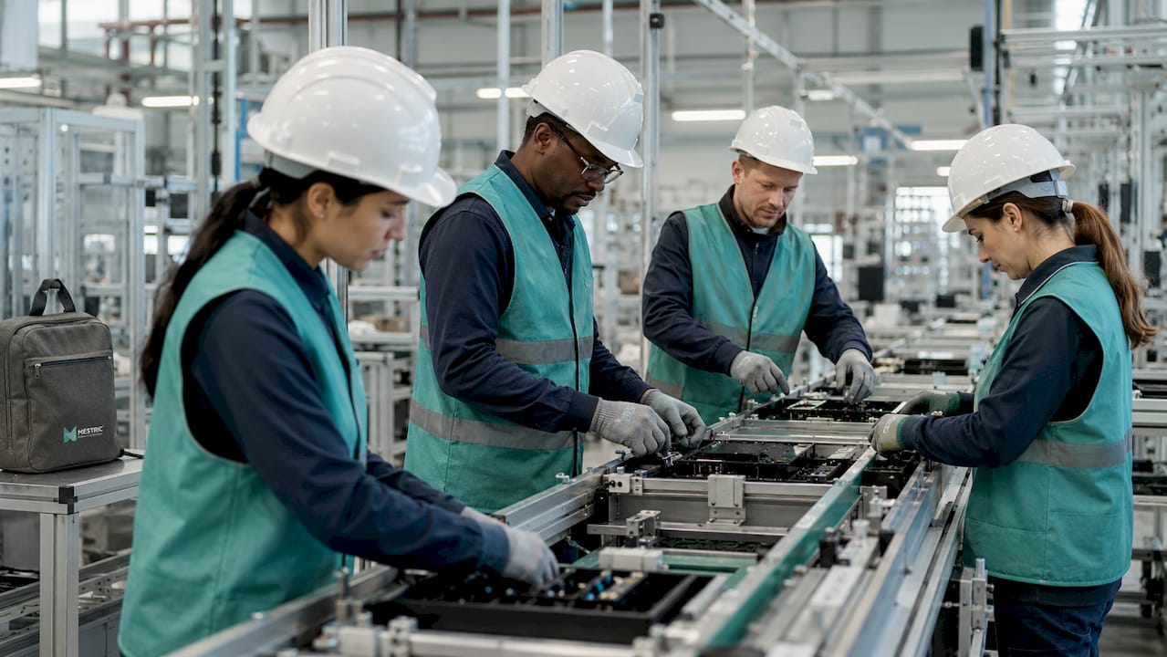 Busy factory floor with workers on assembly line