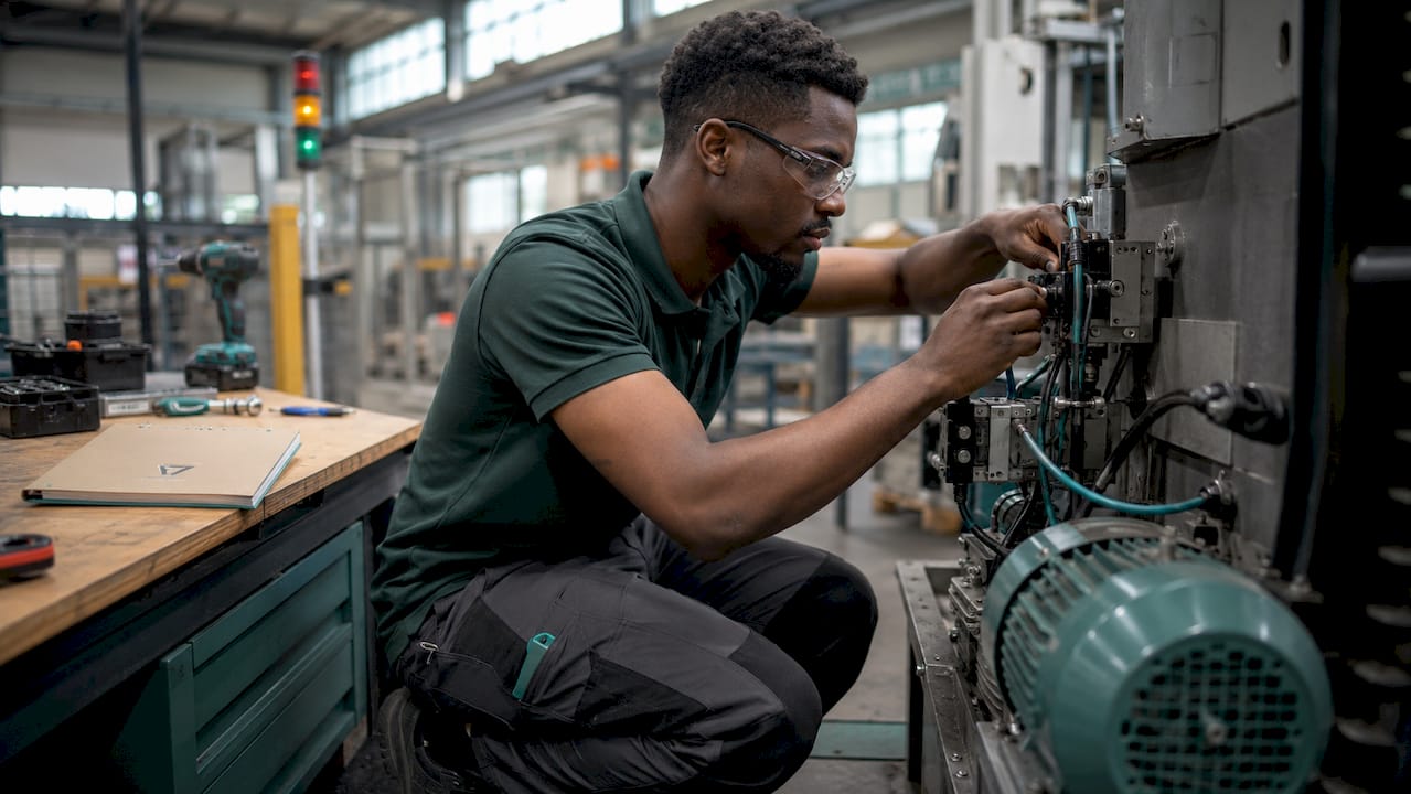 Technician adjusting sensors on factory machine