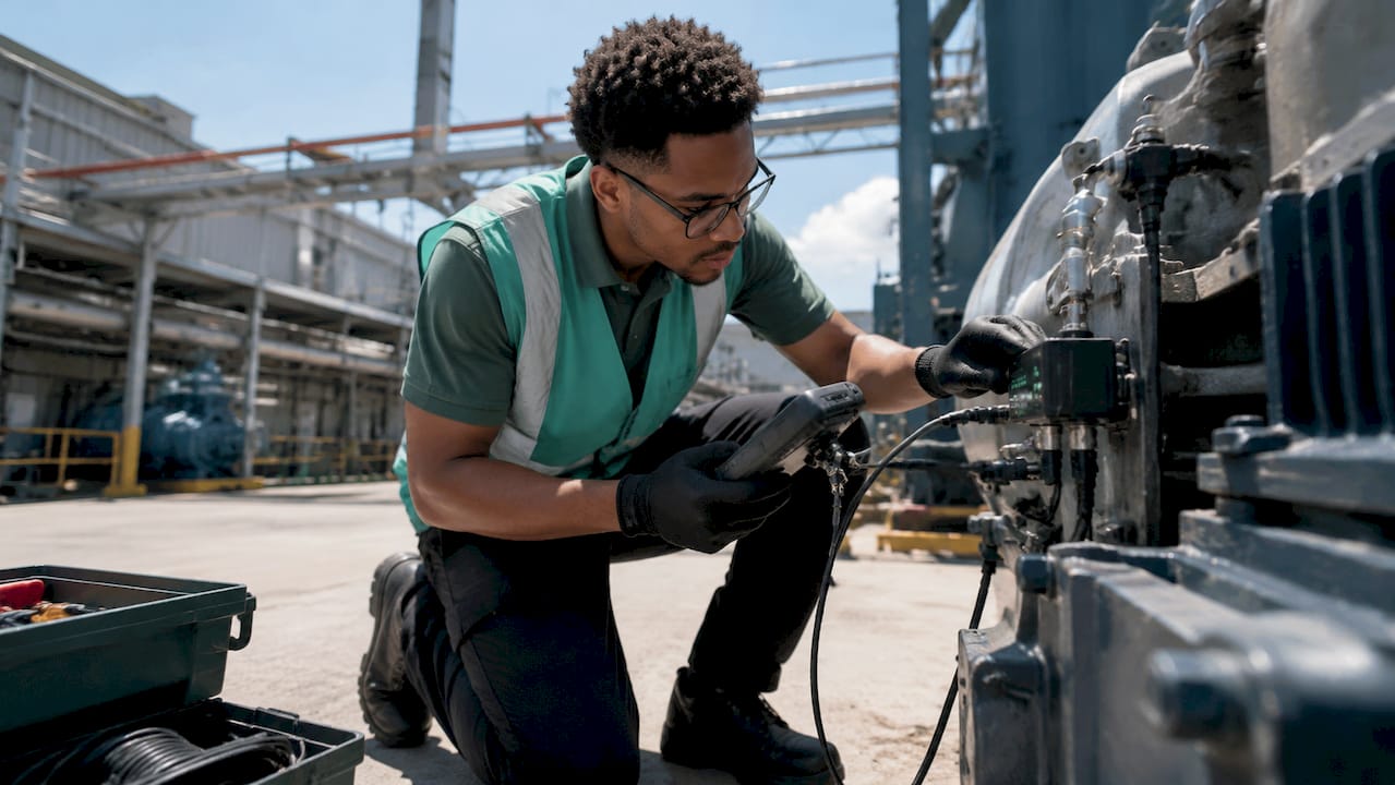 Technician installing edge computing node in factory