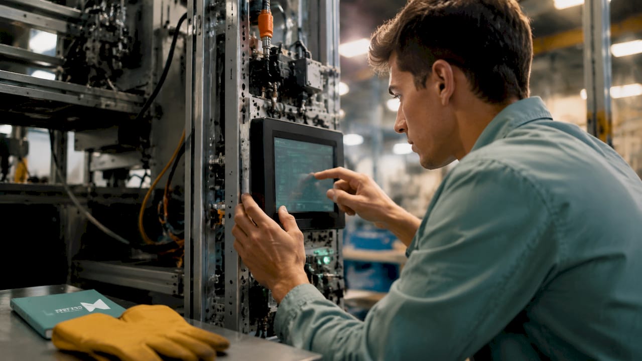 Technician adjusting factory data panel