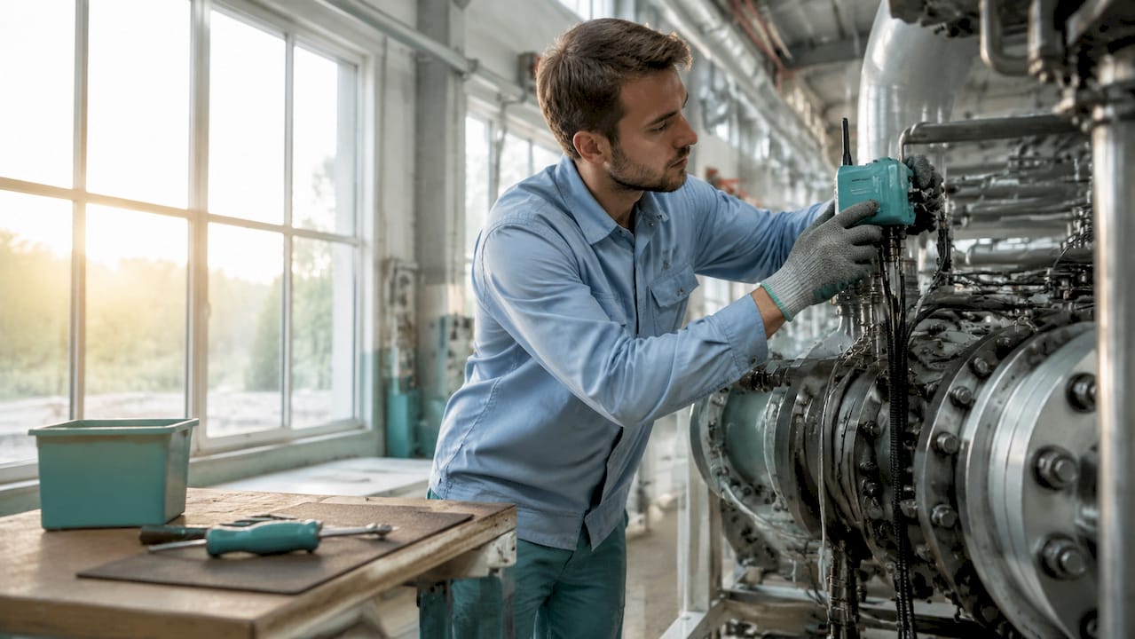 Serviser nastavlja senzor IoT na industrijski napravi.