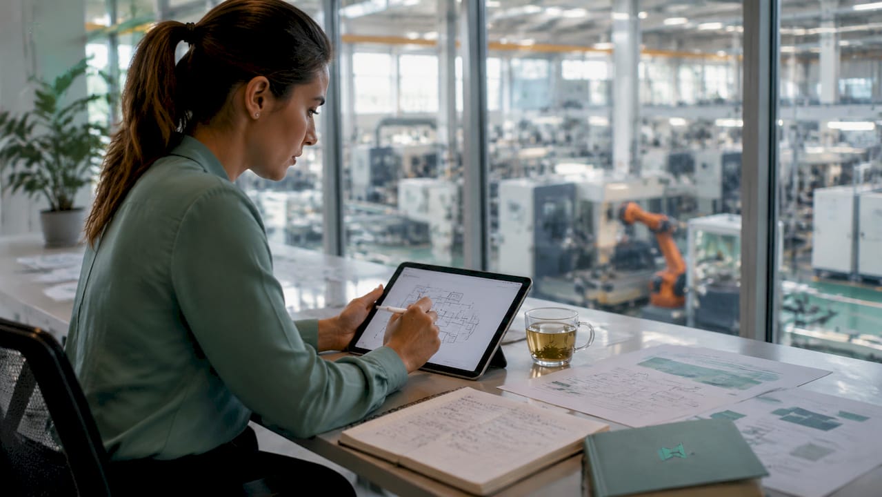 Analyst mapping factory workflow on tablet